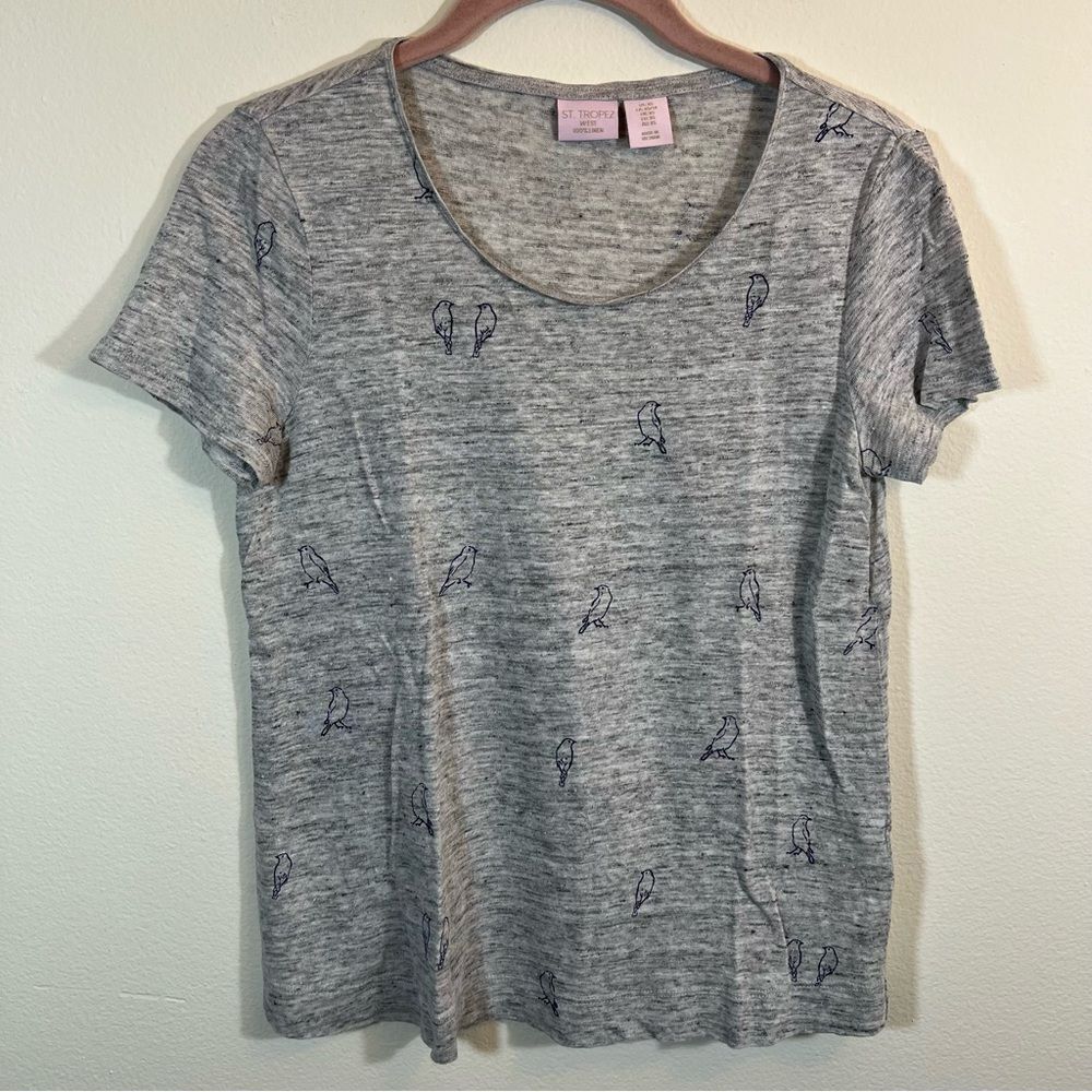 St. Tropez West Gray Linen Bird T-Shirt XS